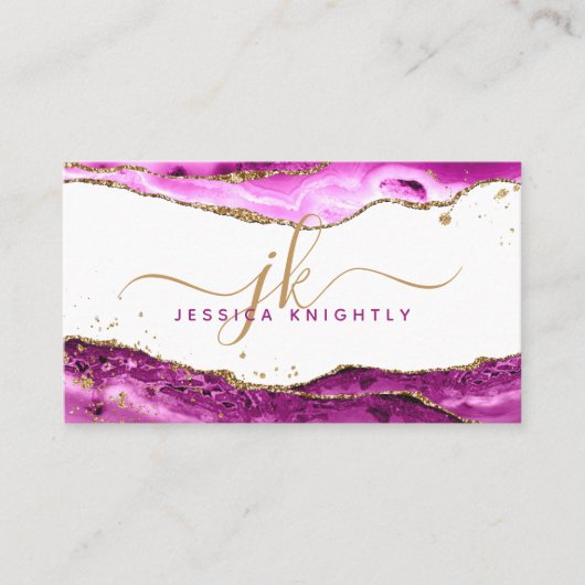 Pink Magenta Agate Gold Glitzer Monogram Script Visitenkarte (Vorderseite)