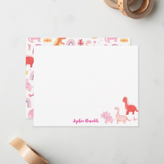 Pink Magenta Dino Dinosaur Script Mitteilungskarte (Vorderseite/Rückseite Beispiel)