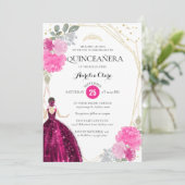 Pink Magenta Floral Geometrisches Foto Quinceañera Einladung (Stehend Vorderseite)