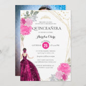 Pink Magenta Floral Geometrisches Foto Quinceañera Einladung (Vorne/Hinten)