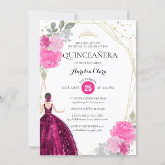 Pink Magenta Floral Geometrisches Foto Quinceañera Einladung