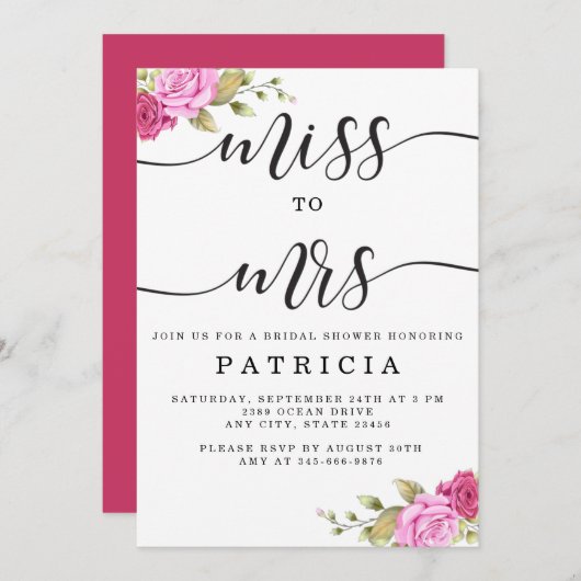 Pink Magenta Floral Miss an Mrs. Brautparty Einladung (Vorne/Hinten)