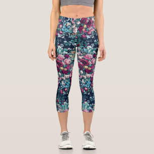 Pink Magenta Green Blue Aquamarin Peony & Rose Blu Capri Leggings