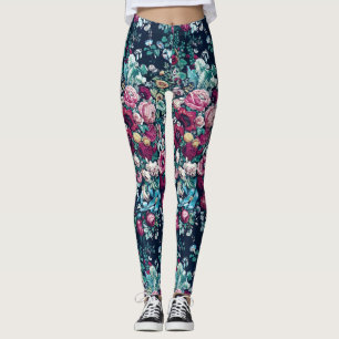 Pink Magenta Green Blue Aquamarin Peony & Rose Blu Leggings