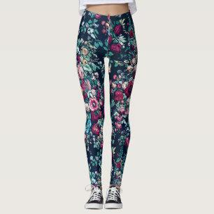 Pink Magenta Green Blue Aquamarin Peony & Rose Blu Leggings