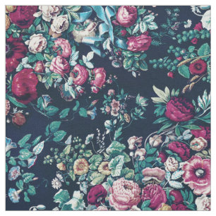 Pink Magenta Green Blue Aquamarin Peony & Rose Blu Stoff