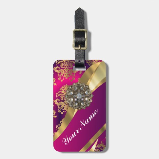 Pink-Magenta u. Golddamast Gepäckanhänger (Vorderseite vertikal)