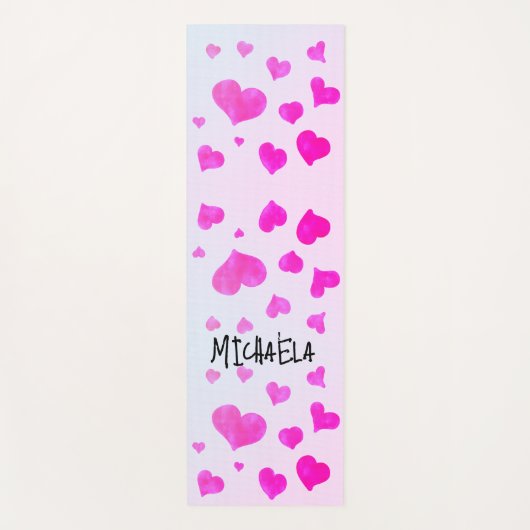 Pink magenta Wasserfarbenherzen Muster Ihr Name Yogamatte (Vorderseite)