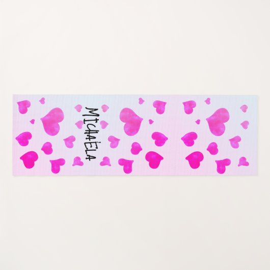 Pink magenta Wasserfarbenherzen Muster Ihr Name Yogamatte (Vorderseite (Horizontal))