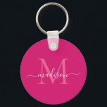 Pink Magenta White Monogram Name Modern Script Schlüsselanhänger<br><div class="desc">Einfach rosa Magenta White Monogram Eleganter Moderner Script-Schlüsselanhänger</div>