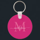 Pink Magenta White Monogram Name Modern Script Schlüsselanhänger<br><div class="desc">Einfach rosa Magenta White Monogram Eleganter Moderner Script-Schlüsselanhänger</div>