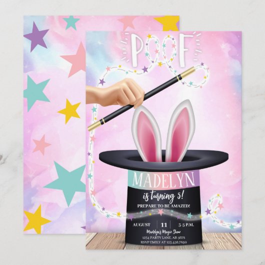 Pink Magic Show Geburtstag Einladung (Vorne/Hinten)