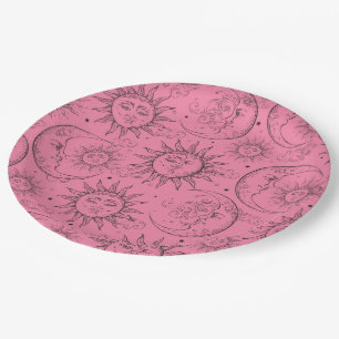 Pink Magic Vintage Celestial Sonne Mond Sterne Pappteller
