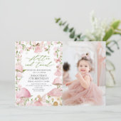 Pink Magical Floral Fairy Garden Birthday Photo Einladung (Stehend Vorderseite)