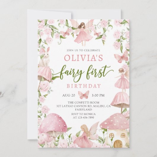 Pink Magical Forest Fairy First Birthday Einladung (Vorderseite)