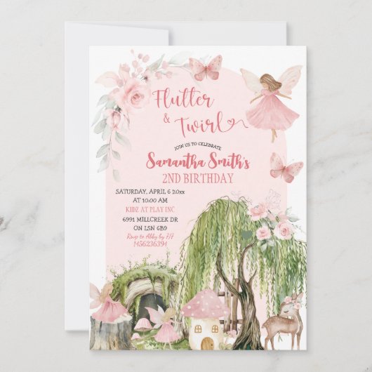 Pink Magical Forest Fairy Flutter & Twirl Geburtst Einladung (Vorderseite)