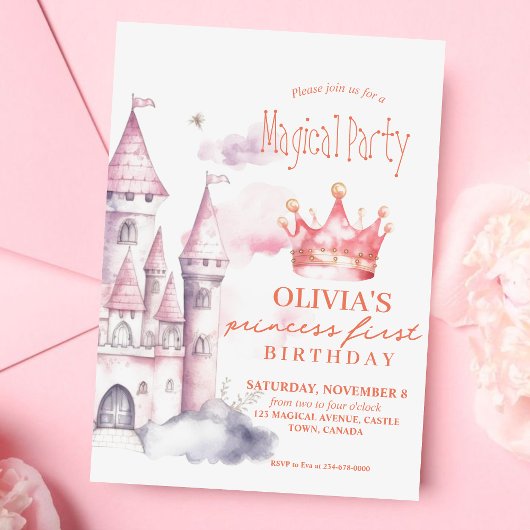 Pink Magical Princess Castle 1. Geburtstag Party Einladung