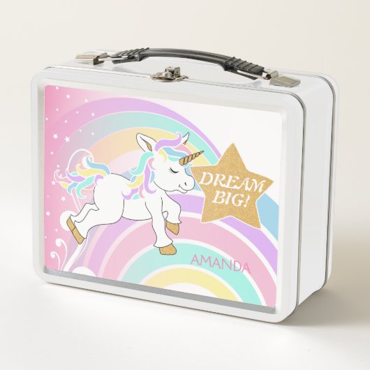 Pink Magical Rainbow Unicorn - Dream Big Metall Brotdose (Vorderseite)