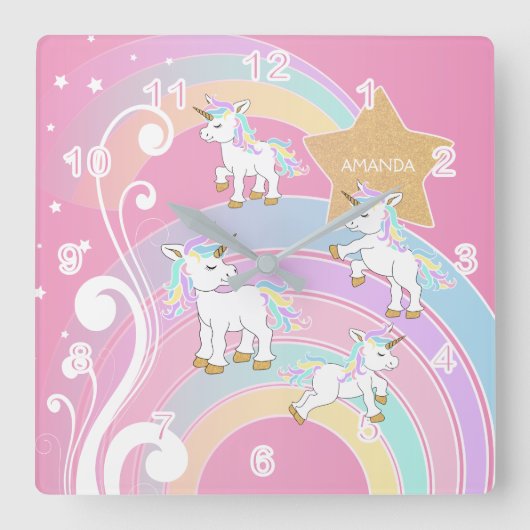 Pink Magical 🦄 Unicorn Quadratische Wanduhr (Vorderseite)