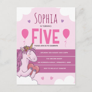Pink Magisches Einhorn 5. Geburtstagsfeier Postkarte