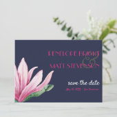 Pink Magnolia Blume Blue WEDD SPEICHERN DAS DATUM Einladung (Stehend Vorderseite)