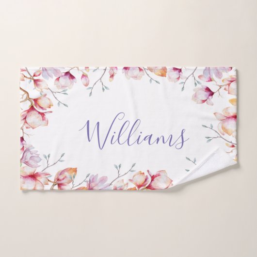 Pink magnolia Blume Skript mit weißem Namen Badhandtuch Set (Handtuch)
