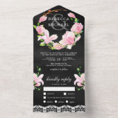 Pink Magnolia Blumenreath Black Wedding All In One Einladung (Innen Boden)