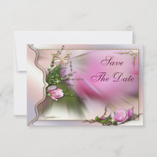 Pink Magnolia Butterfly Sparkle Save the Date (Vorderseite)