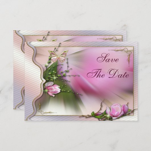 Pink Magnolia Butterfly Sparkle Save the Date (Vorne/Hinten)