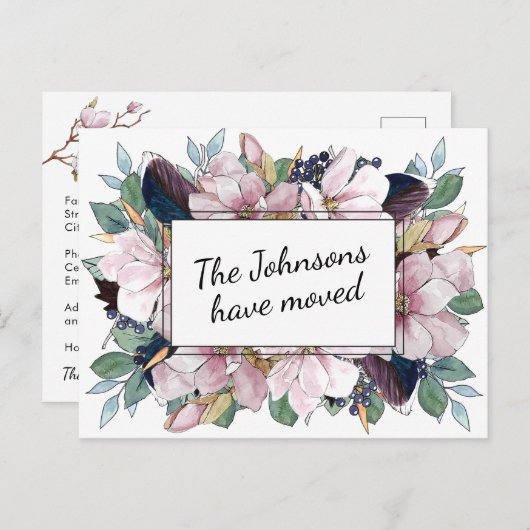 Pink Magnolia Floral Bouquet Neue Adresse Ankündigungspostkarte (Vorne/Hinten)