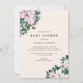 Pink Magnolia Floral | Elfenbeindusche und grüne B Einladung (Vorderseite)