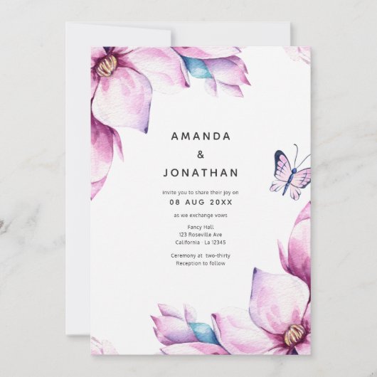 Pink Magnolia Floral Wedding Einladung (Vorderseite)