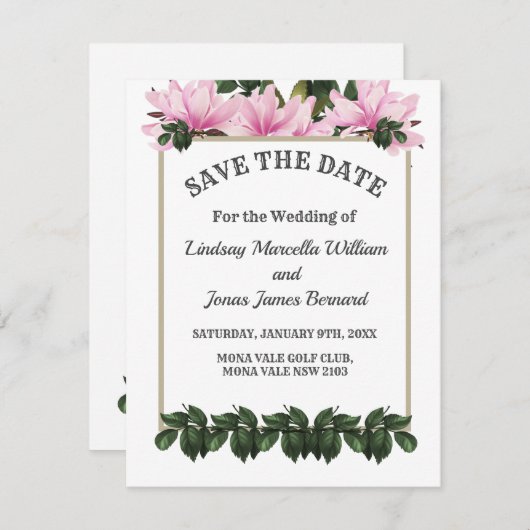 Pink Magnolia Grüne Save the Date Blumen Einladung (Vorne/Hinten)