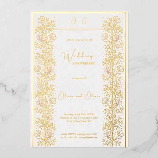 Pink Magnolia Hochzeitstag Folieneinladung (Vorderseite)