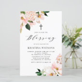 Pink Magnolia und Hydrangea Baby Blessing Einladun (Stehend Vorderseite)