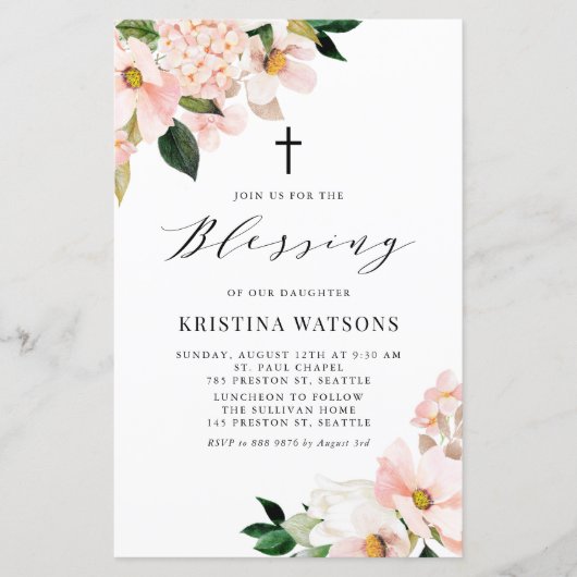 Pink Magnolia und Hydrangea Baby Blessing Einladun (Vorderseite)
