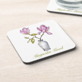 Pink Magnolia Watercolor Botanical Getränkeuntersetzer (Linke Seite)