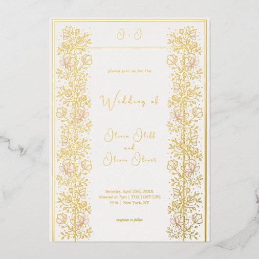 Pink Magnolia Wedding Folieneinladung (Vorderseite)