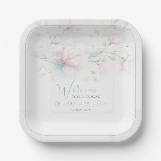 Pink Magnolia Wedding Willkommen Pappteller (Vorderseite)