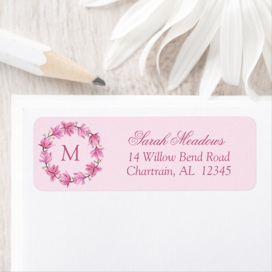 Pink Magnolia Wreath Custom Return Address Label (Insitu)