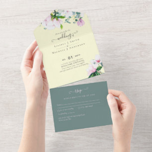 Pink Magnolias Blues und Gelbe Hochzeit Einladung