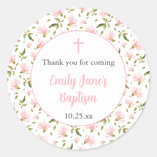 Pink Magnolias girl baptism thank you sticker (Vorderseite)