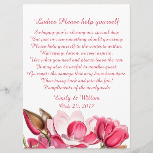 Pink Magnolias Ladys Wedding Basket Sign (Vorderseite)
