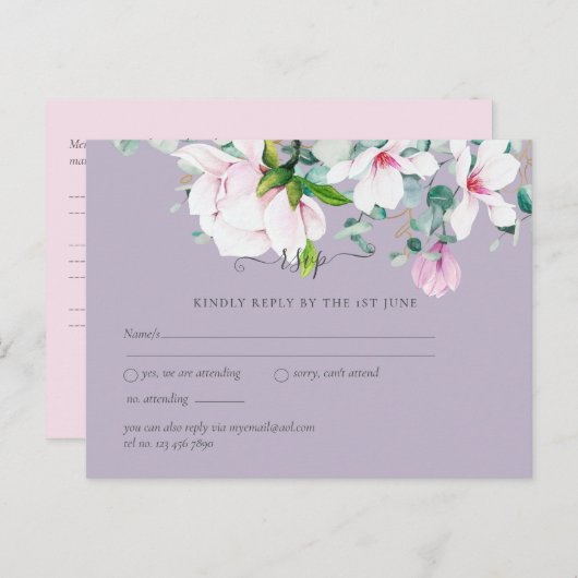 Pink Magnolias Lavender Eucalyptus Wedding rsvp Postkarte (Vorne/Hinten)