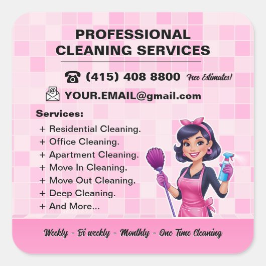 Pink Maid Janitorial Lady House Cleaning Service Quadratischer Aufkleber (Vorderseite)