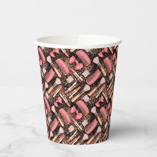 Pink Makeup Cosmetics Pattern Glitter  Pappbecher (Links)