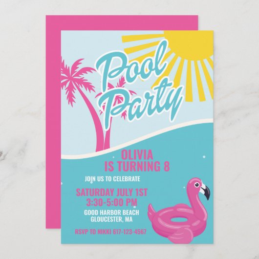 Pink Malibu Pool Party birthday Einladung (Vorne/Hinten)