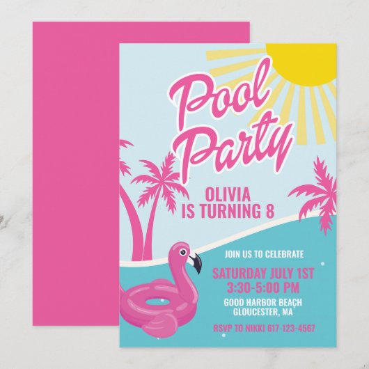 Pink Malibu Pool Party birthday Einladung (Vorne/Hinten)