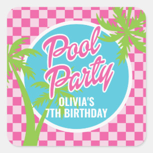Pink Malibu Poolparty Geburtstag Quadratischer Aufkleber