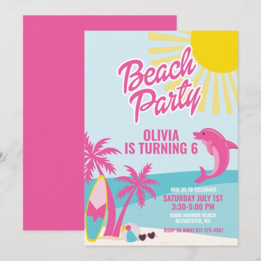 Pink Malibu Strandgeburtstag Einladung (Vorne/Hinten)